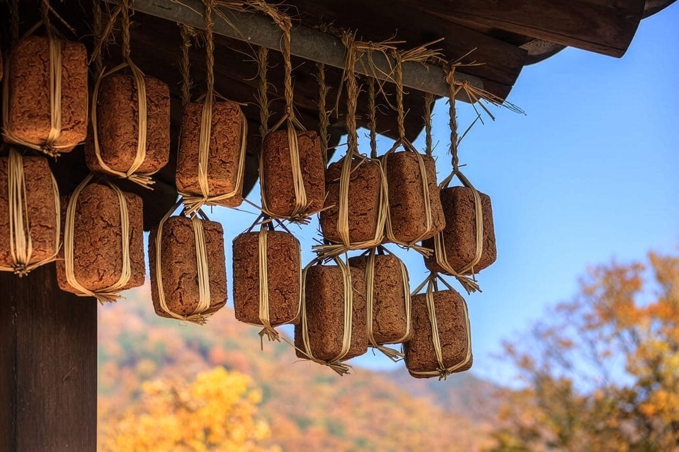 Meju — fermented soybean blocks hanging to dry