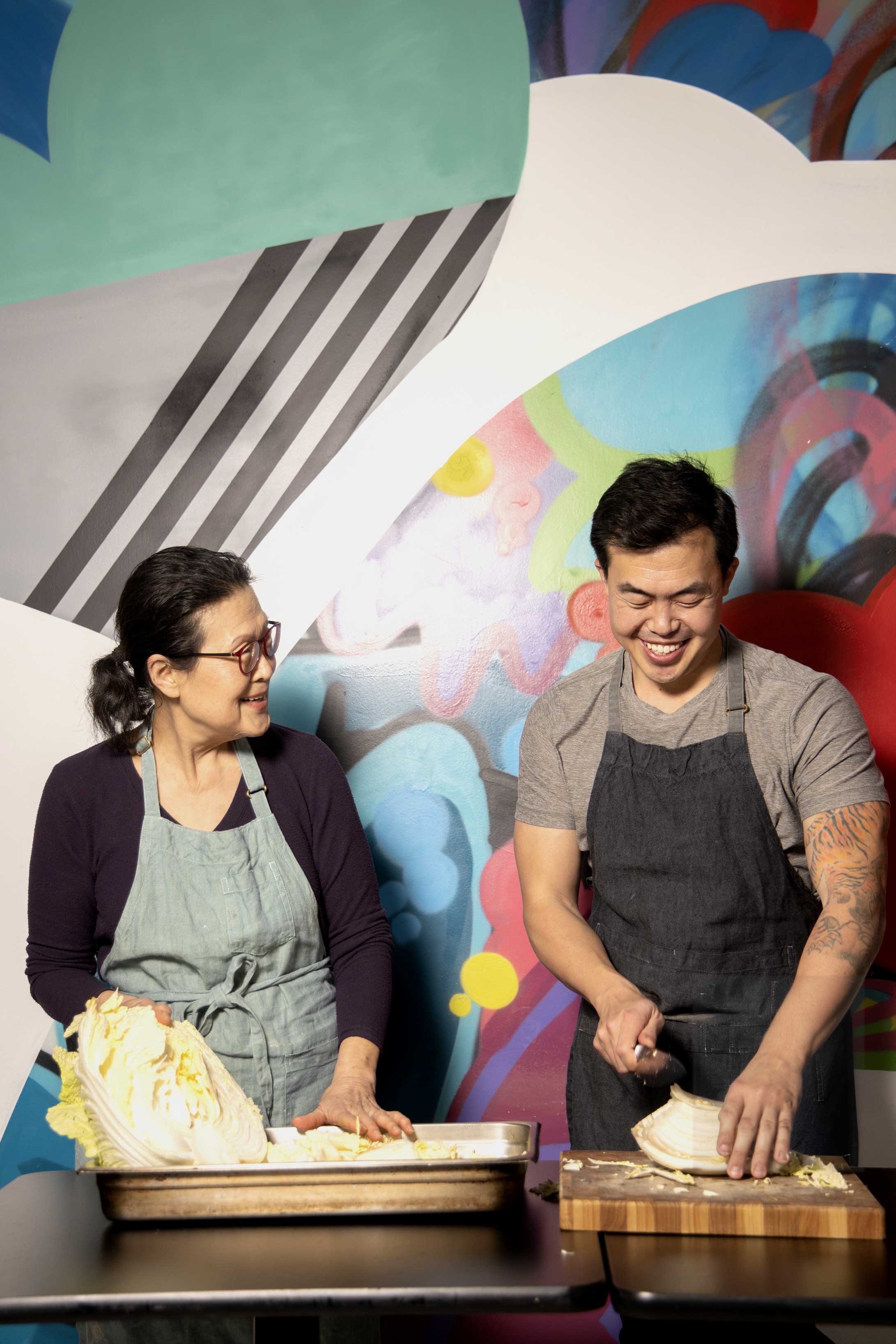 Eric Shin and his mother making kimchi